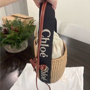 NWT Chloe Woven Straw Bucket Bag with Drawstring - Beige